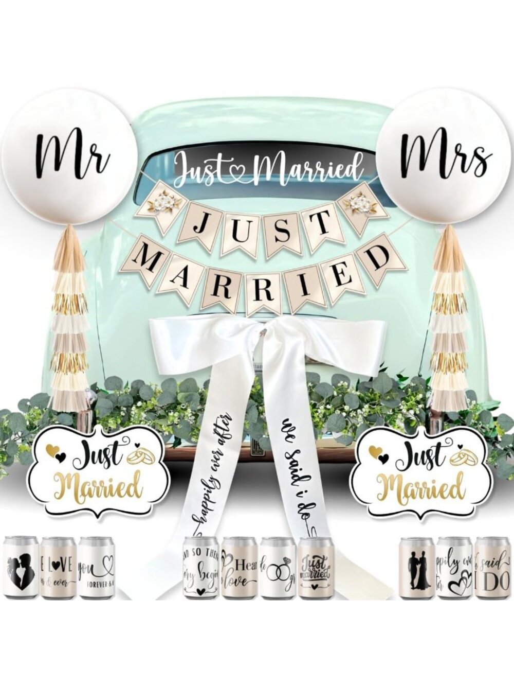 33 Pc Wedding Car Decoration Kit - Just Married Signs & Fun Accessories